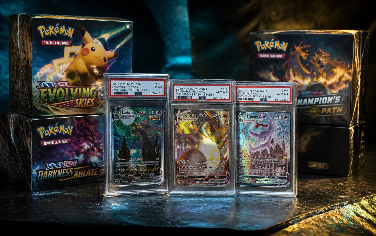 Sealed trading card booster boxes and graded slabs